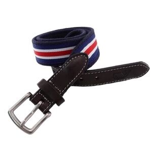 LN Vineyard Vines 1.25” Webbed Belt Navy & Red Brown Leather Trim Sz 28 Preppy